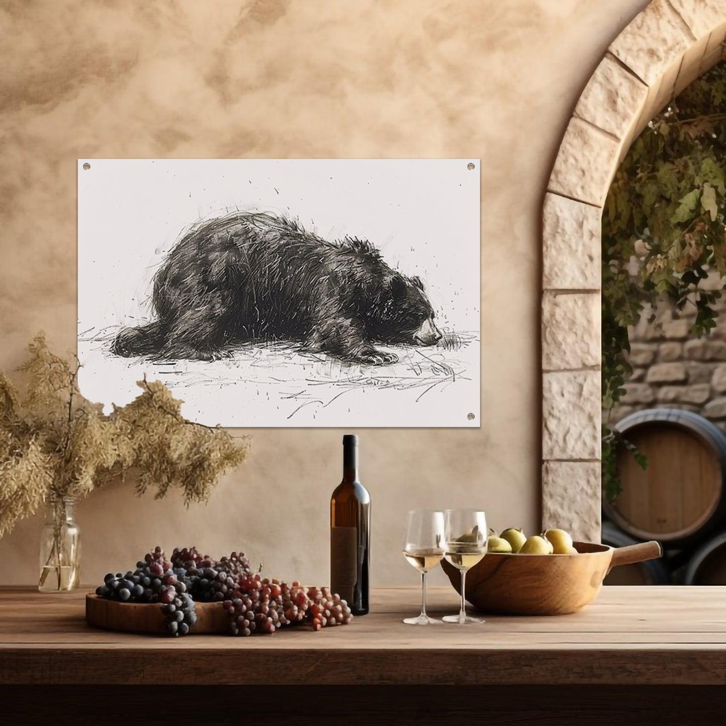 Minimalistische tekening van slapende beer tuinposter