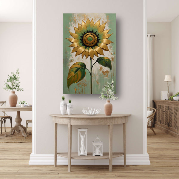 Elegante Gouden Zonnebloem op Groen canvas