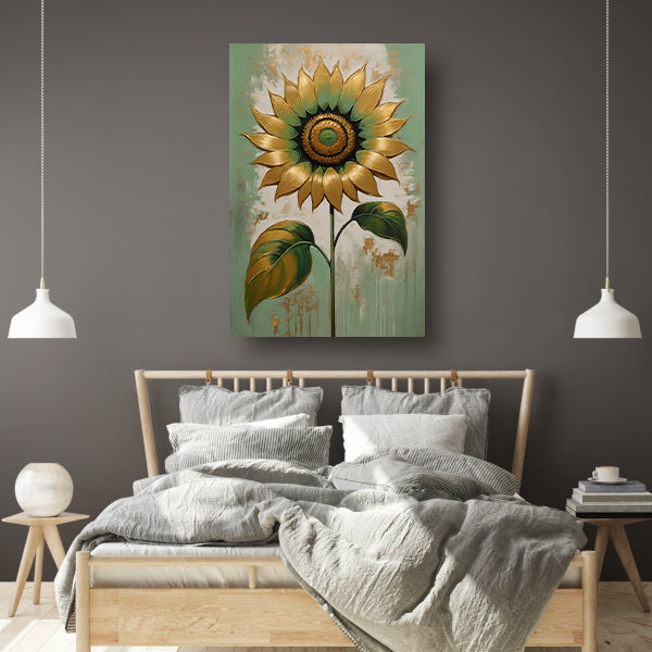 Elegante Gouden Zonnebloem op Groen canvas