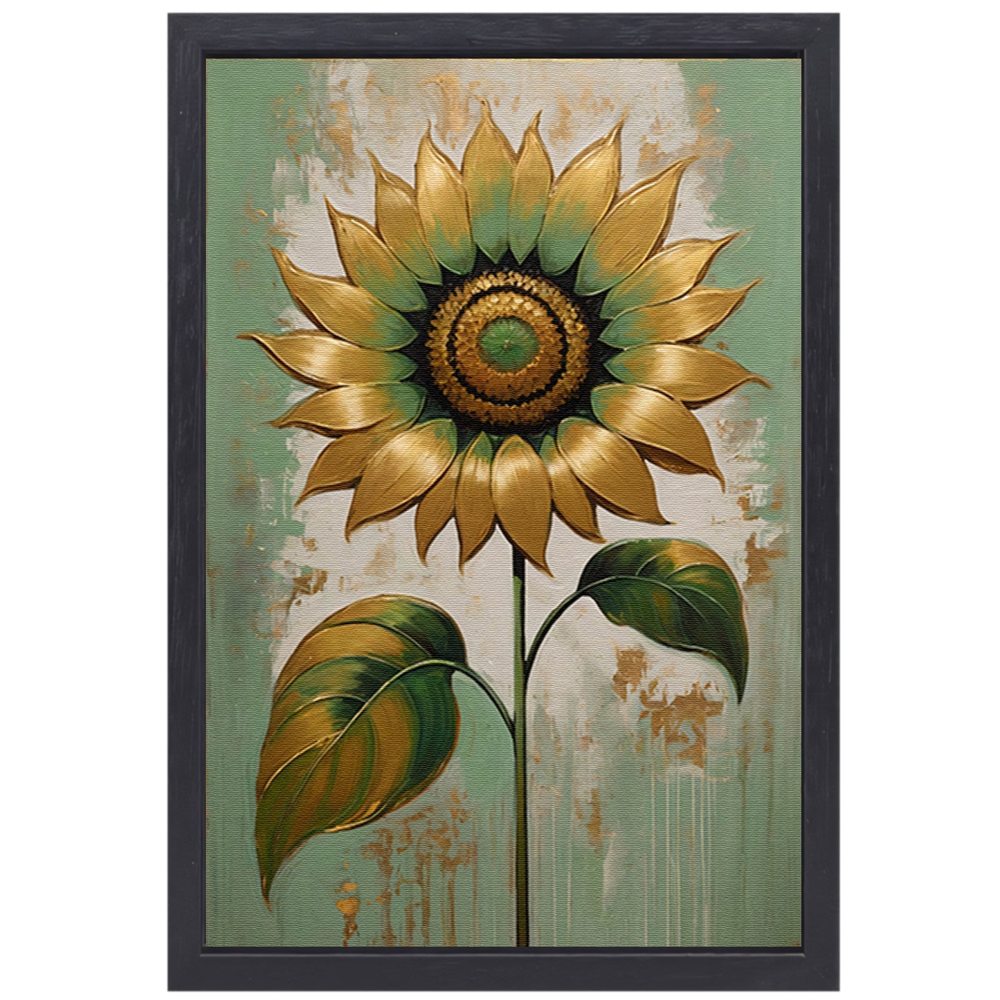 Elegante Gouden Zonnebloem op Groen canvas met baklijst
