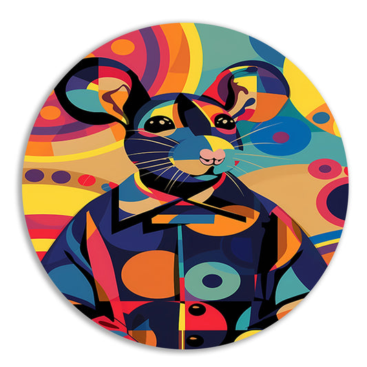 Kleurrijk Pop Art Muis in Jasje aluminium muurcirkel