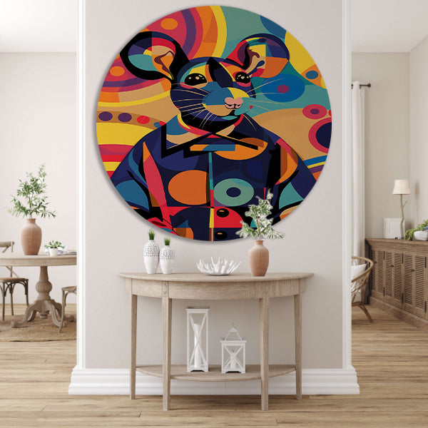Kleurrijk Pop Art Muis in Jasje aluminium muurcirkel