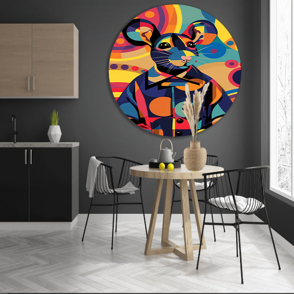Kleurrijk Pop Art Muis in Jasje aluminium muurcirkel
