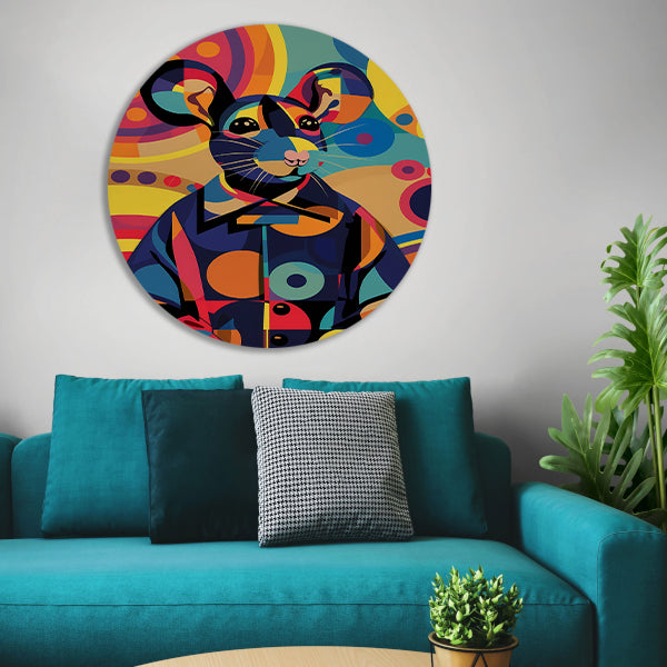 Kleurrijk Pop Art Muis in Jasje aluminium muurcirkel