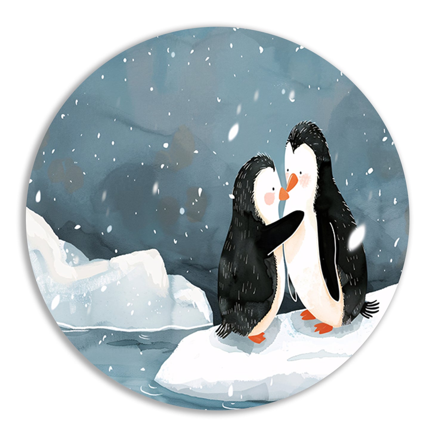 Knuffelende pinguïns in een winterse sneeuwbui forex muurcirkel