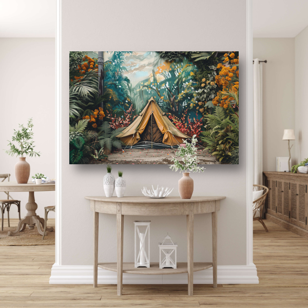 Kampeertent in een dromerig kleurrijk bos poster