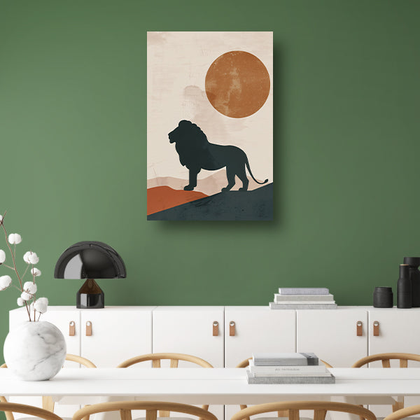 Leeuw silhouet tegen oranje zon in minimalistische stijl poster