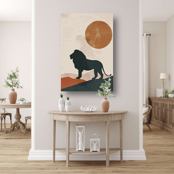 Leeuw silhouet tegen oranje zon in minimalistische stijl canvas