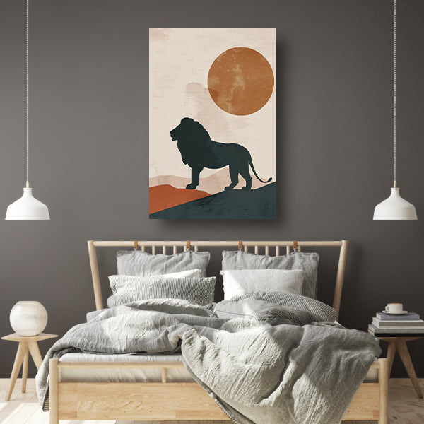 Leeuw silhouet tegen oranje zon in minimalistische stijl canvas