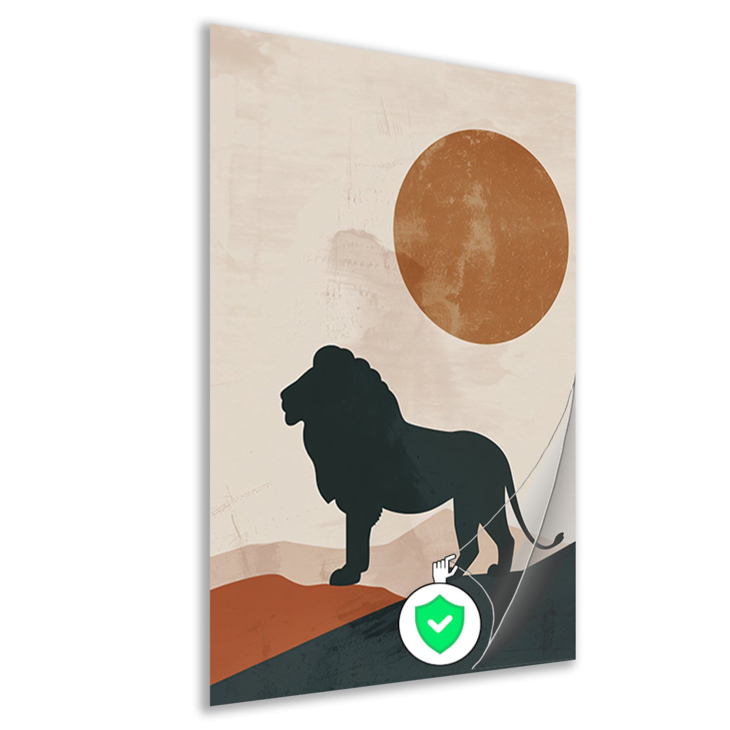 Leeuw silhouet tegen oranje zon in minimalistische stijl poster