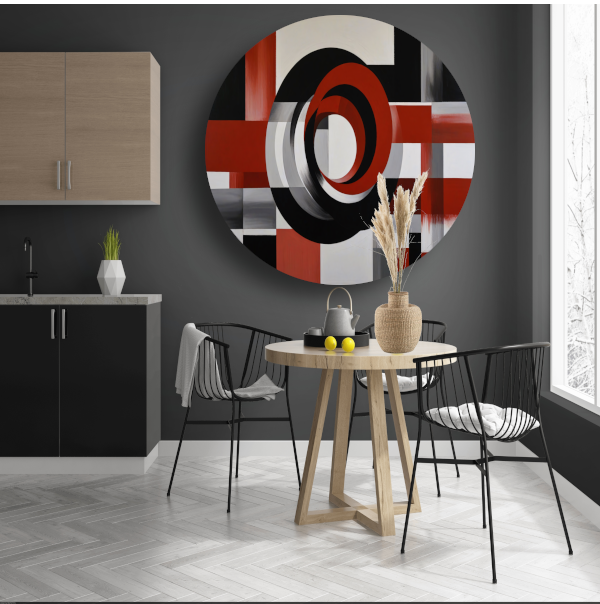 Abstract minimalisme met rode en zwarte cirkels aluminium muurcirkel