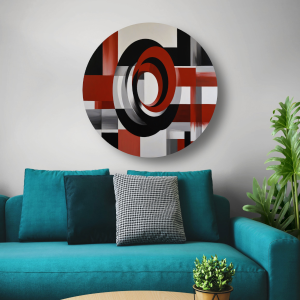 Abstract minimalisme met rode en zwarte cirkels aluminium muurcirkel