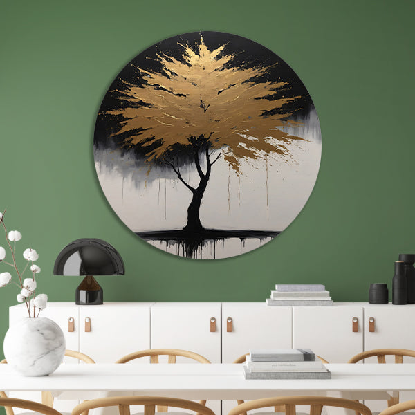 Abstracte Gouden Boom in Monochrome Reflectie aluminium muurcirkel