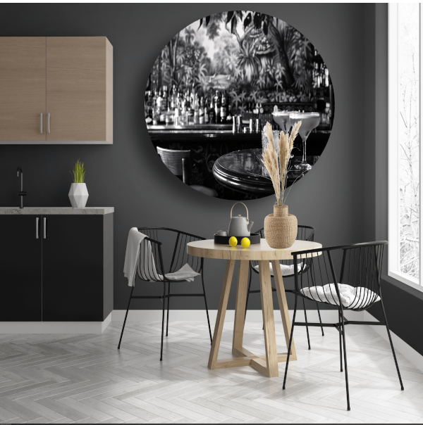 Elegante Zwart-Wit Cocktailbar Momentopname forex muurcirkel