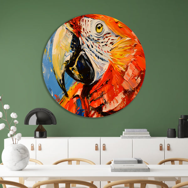 Kleurrijk abstract schilderij van een papegaai aluminium muurcirkel
