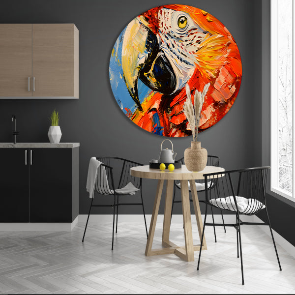 Kleurrijk abstract schilderij van een papegaai aluminium muurcirkel