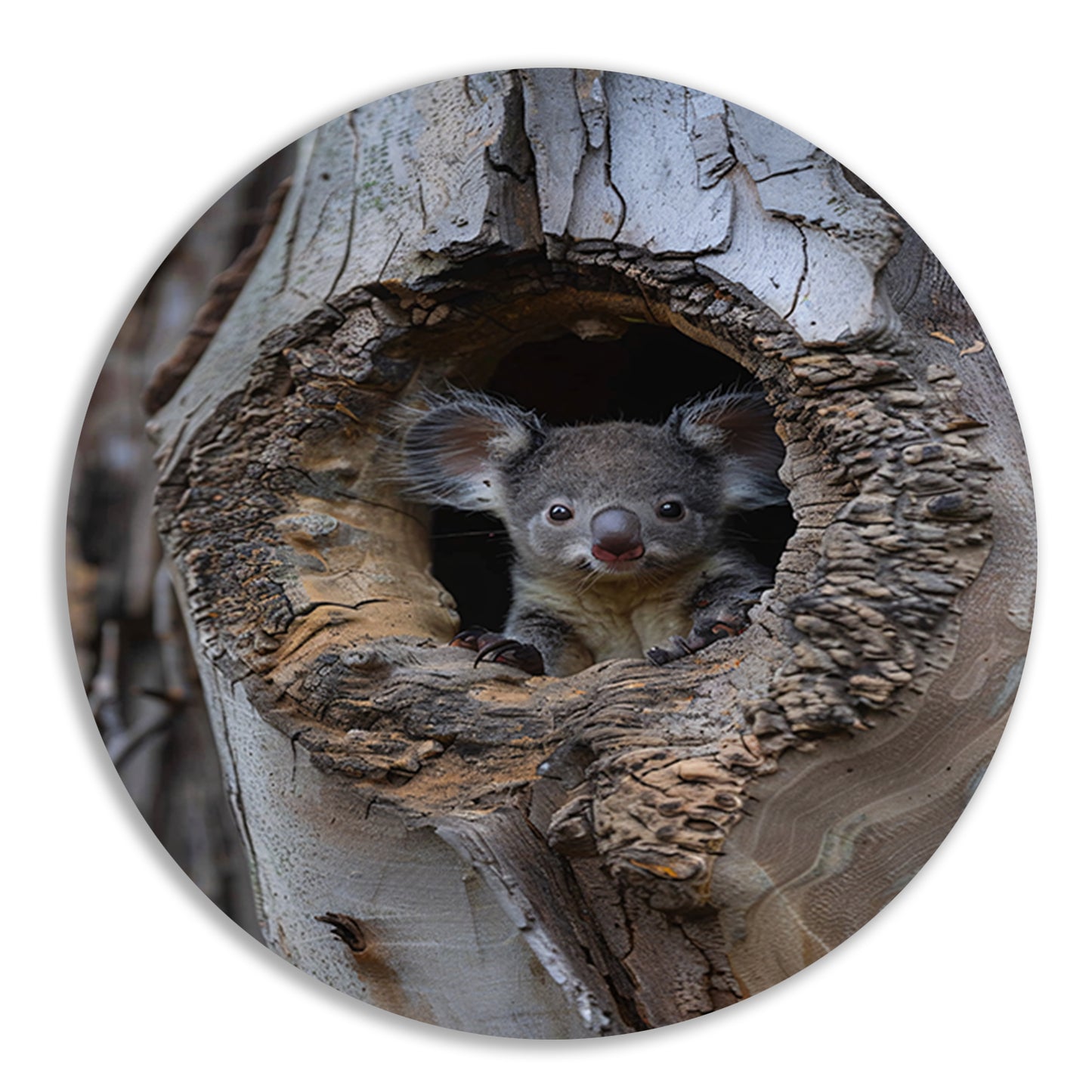 Jonge Koala Verkent de Wereld vanuit Boomholte aluminium muurcirkel
