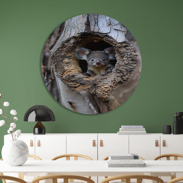 Jonge Koala Verkent de Wereld vanuit Boomholte aluminium muurcirkel