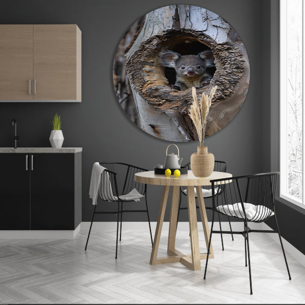 Jonge Koala Verkent de Wereld vanuit Boomholte aluminium muurcirkel
