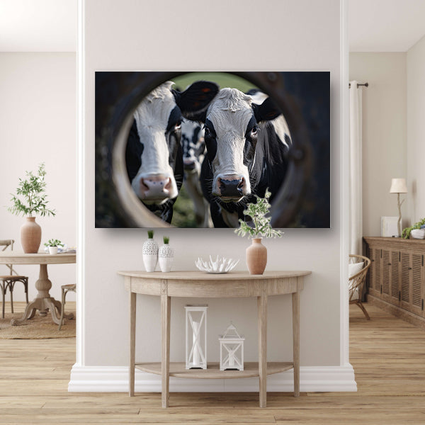 Nieuwsgierige koeien kijken door sleutelgat canvas