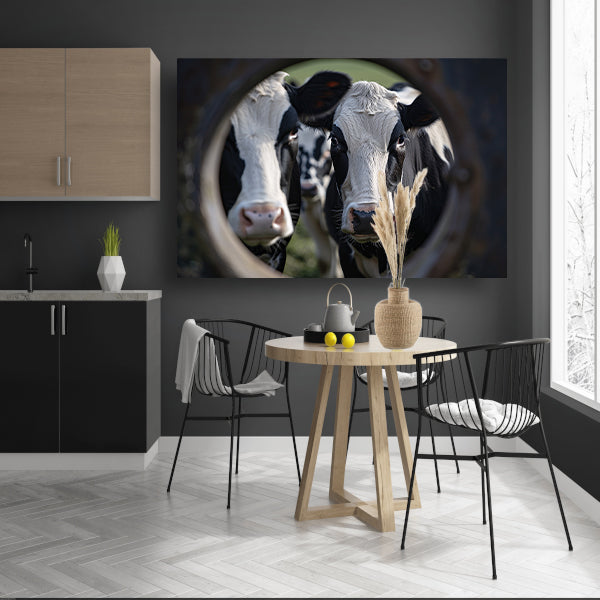 Nieuwsgierige koeien kijken door sleutelgat canvas