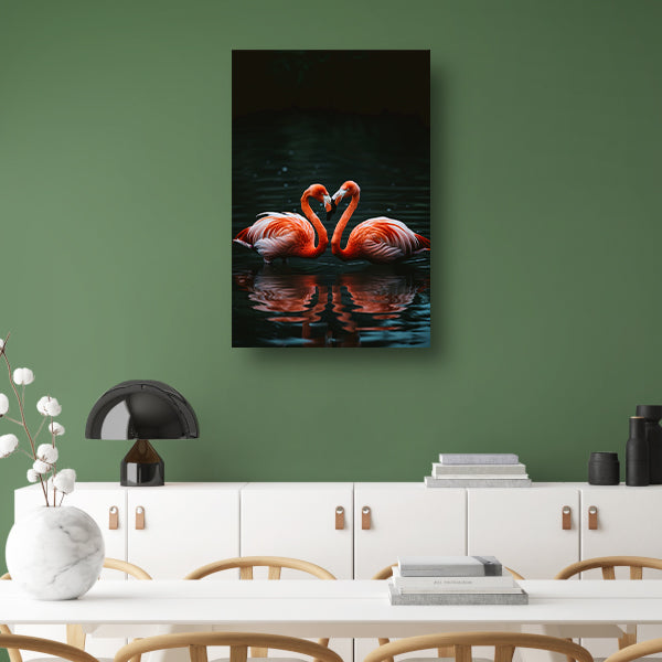Twee felgekleurde flamingo’s in donkere water canvas met baklijst
