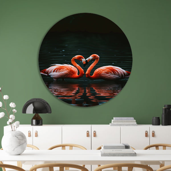 Twee felgekleurde flamingo’s in donkere water forex muurcirkel