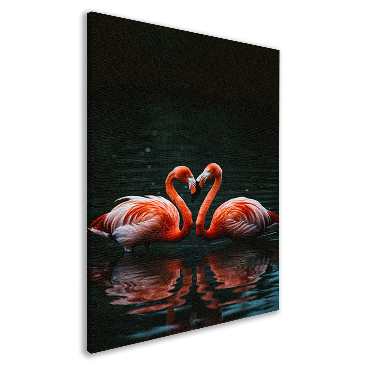 Twee felgekleurde flamingo’s in donkere water canvas