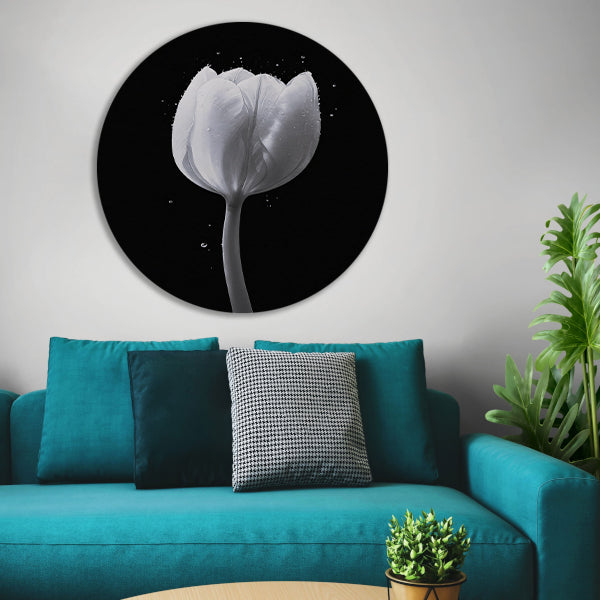 Minimalistische witte tulp met waterdruppels forex muurcirkel