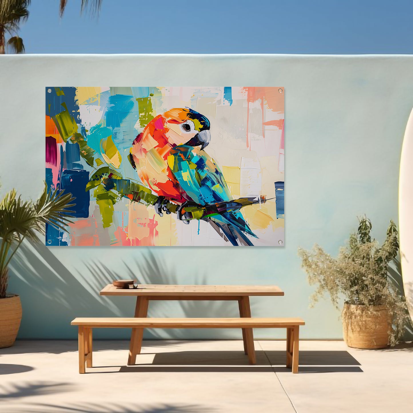 Abstracte kleurrijke papegaai op tak tuinposter