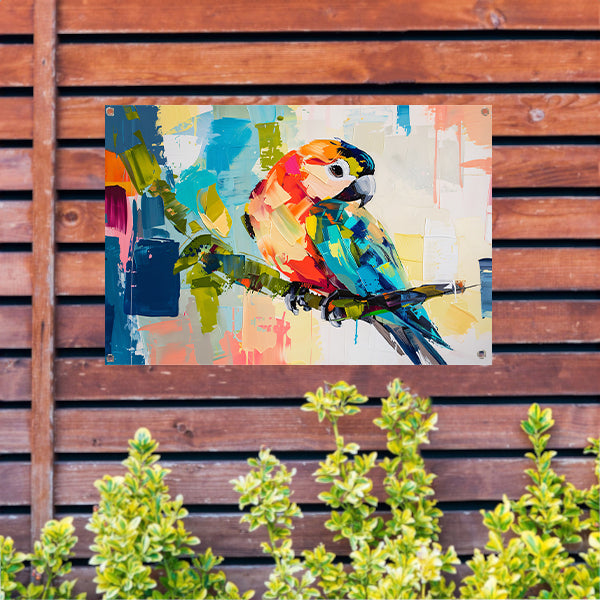 Abstracte kleurrijke papegaai op tak tuinposter