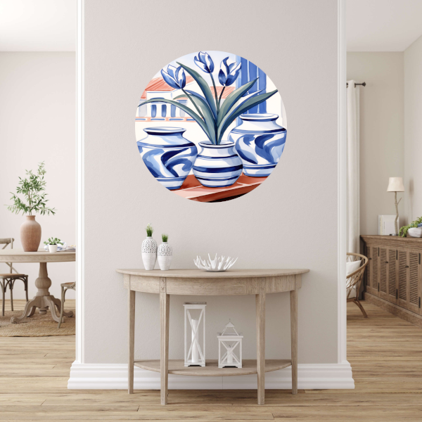 Elegante Blauwe Tulpen in Vazen aluminium muurcirkel