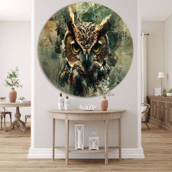 Abstracte mystieke uil met verfspatten forex muurcirkel