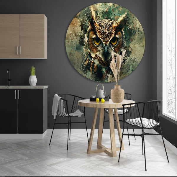 Abstracte mystieke uil met verfspatten forex muurcirkel