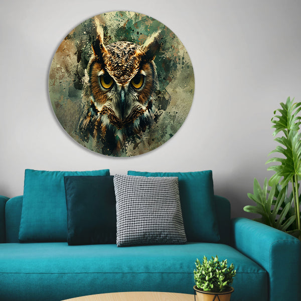 Abstracte mystieke uil met verfspatten forex muurcirkel