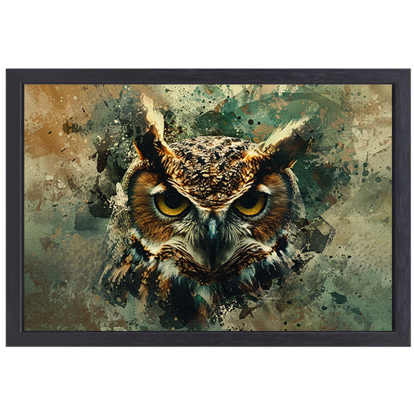 Abstracte mystieke uil met verfspatten canvas met baklijst