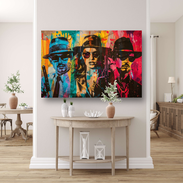 Geheimzinnige Maffiafiguren met Kleurrijke Achtergrond canvas