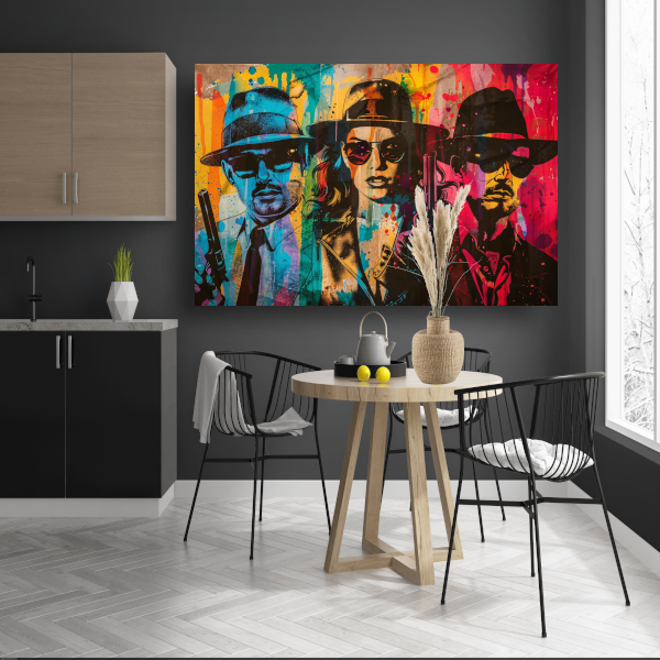 Geheimzinnige Maffiafiguren met Kleurrijke Achtergrond canvas