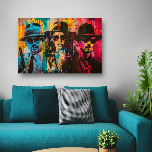 Geheimzinnige Maffiafiguren met Kleurrijke Achtergrond canvas