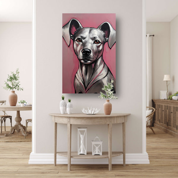 Abstract Portret van een Hond in Roze en Zilver canvas met baklijst