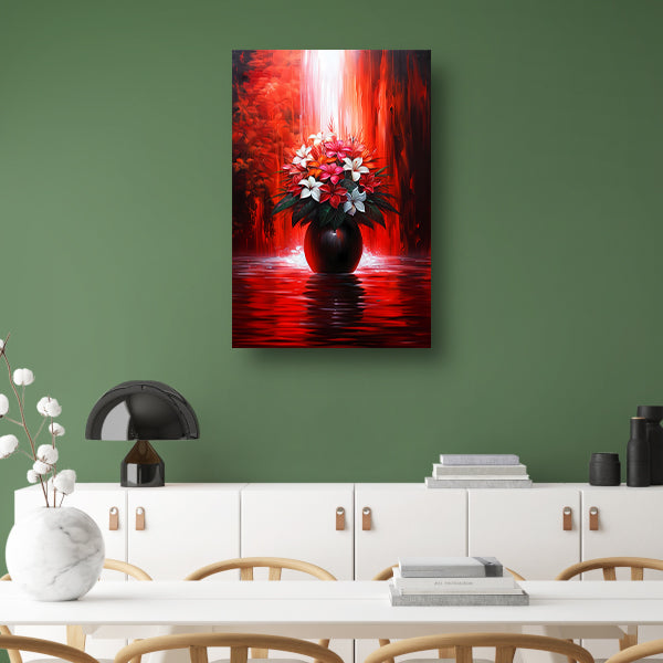 Levendige Bloemen in Elegante Zwarte Vaas op Rode Achtergrond poster