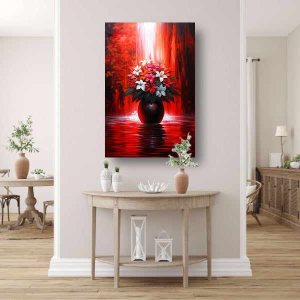 Levendige Bloemen in Elegante Zwarte Vaas op Rode Achtergrond poster