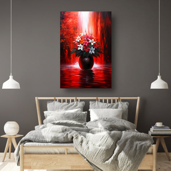 Levendige Bloemen in Elegante Zwarte Vaas op Rode Achtergrond poster