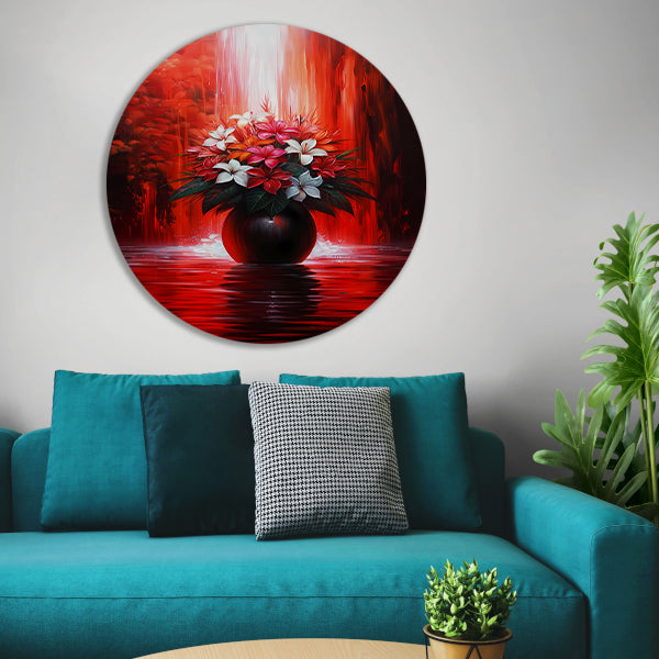 Levendige Bloemen in Elegante Zwarte Vaas op Rode Achtergrond aluminium muurcirkel