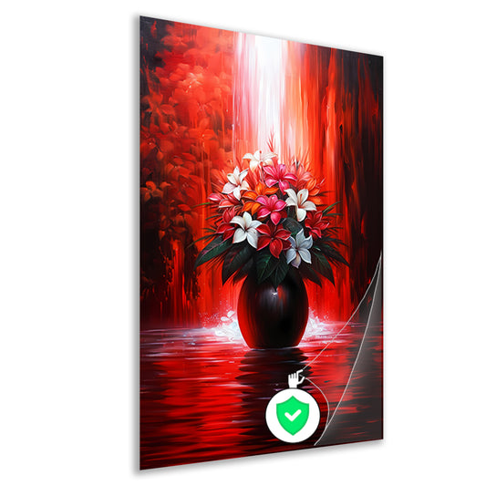 Levendige Bloemen in Elegante Zwarte Vaas op Rode Achtergrond poster