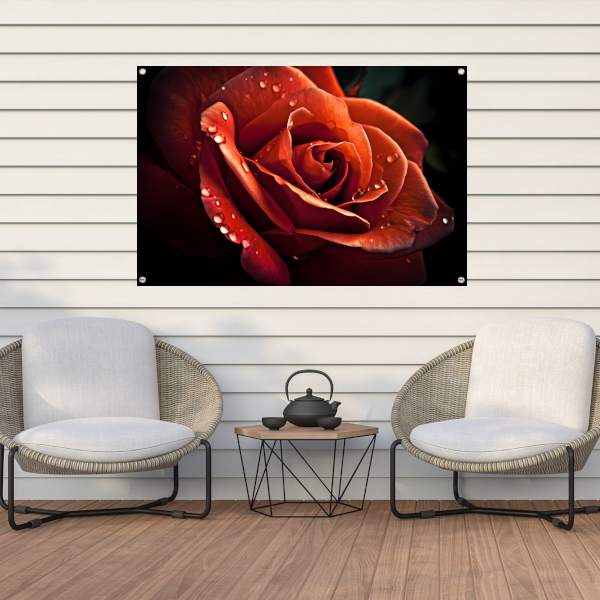 Rode roos met waterdruppels tuinposter