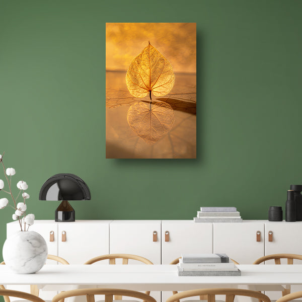 Blad perfect weerspiegeld in gouden licht canvas