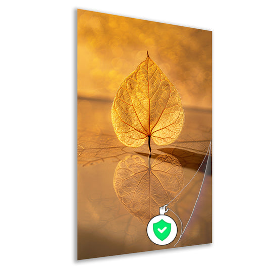 Blad perfect weerspiegeld in gouden licht poster