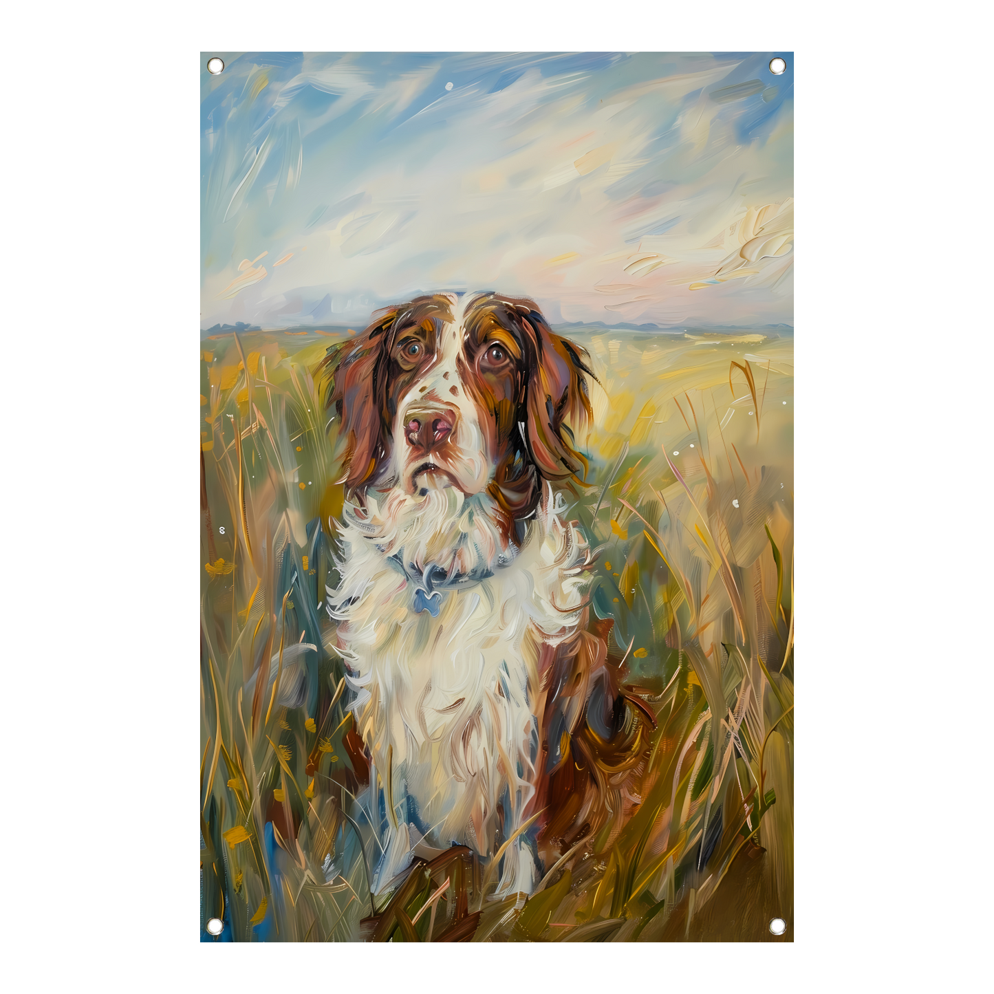 Hondenschilderij in een kleurrijk landschap tuinposter