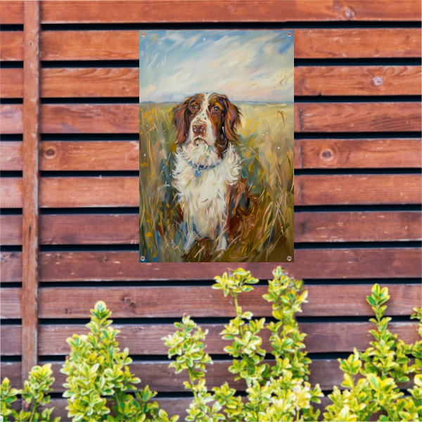 Hondenschilderij in een kleurrijk landschap tuinposter